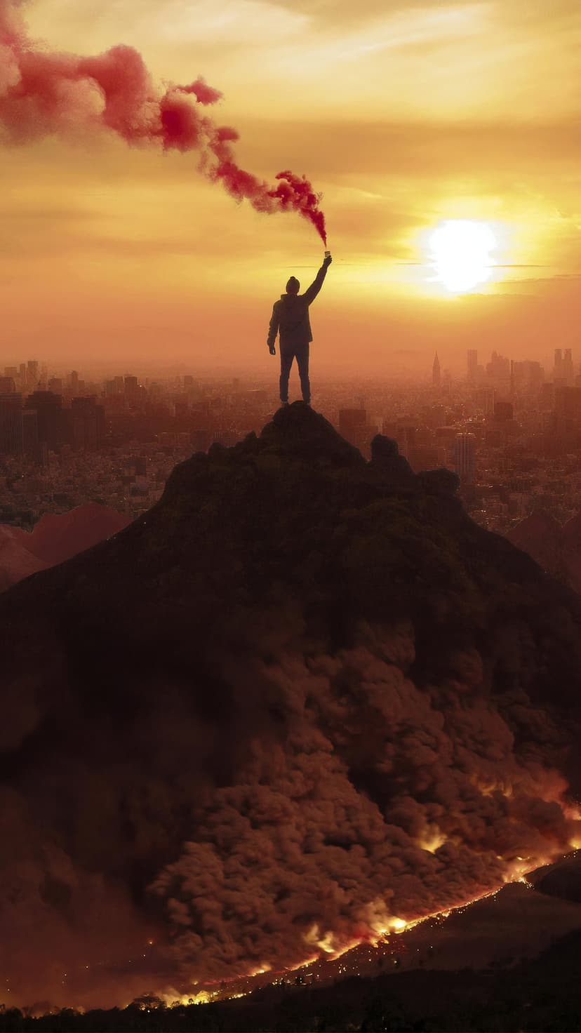 Silhouette of a person holding a red flare on a dark mountain peak under a dramatic orange and red sunset sky.