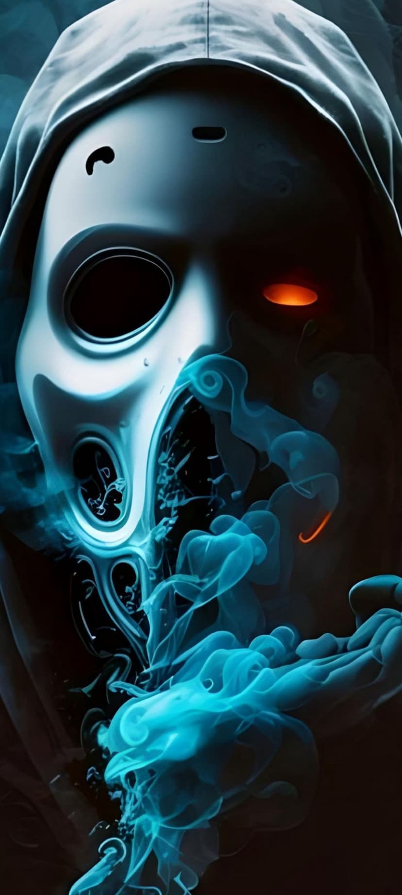 Hooded figure wearing a mask with a single glowing orange eye and blue smoke flowing into the darkness.