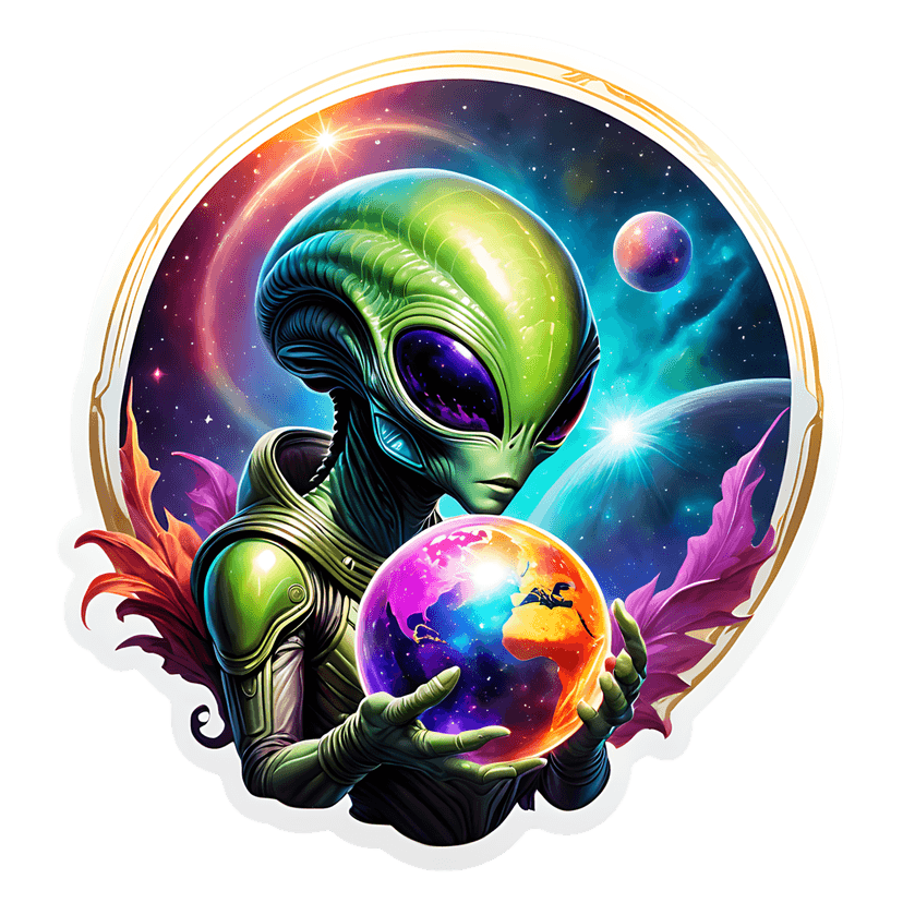 Green alien holding Earth globe within a circular cosmic frame featuring vibrant purple eyes and starry sky.