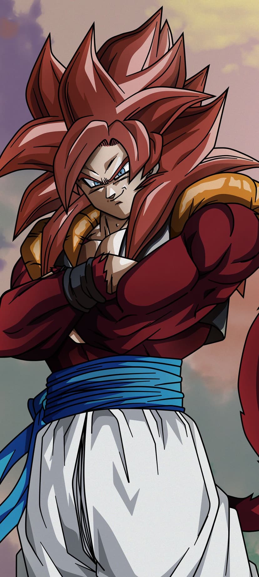 Gogeta Super Saiyan 4 with long red hair, a blue sash, and white pants posing against a neutral backdrop.