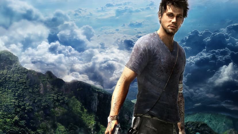 Jason Brody from Far Cry 3 standing before tropical mountains under a cloudy sky in a grit-filled scene.