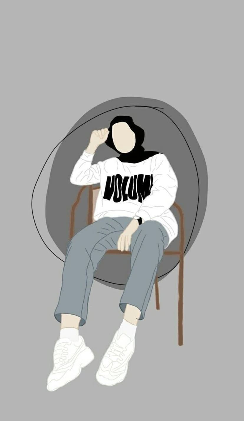 Faceless woman in a black hijab and white sweatshirt sitting on a brown chair against a grey background.