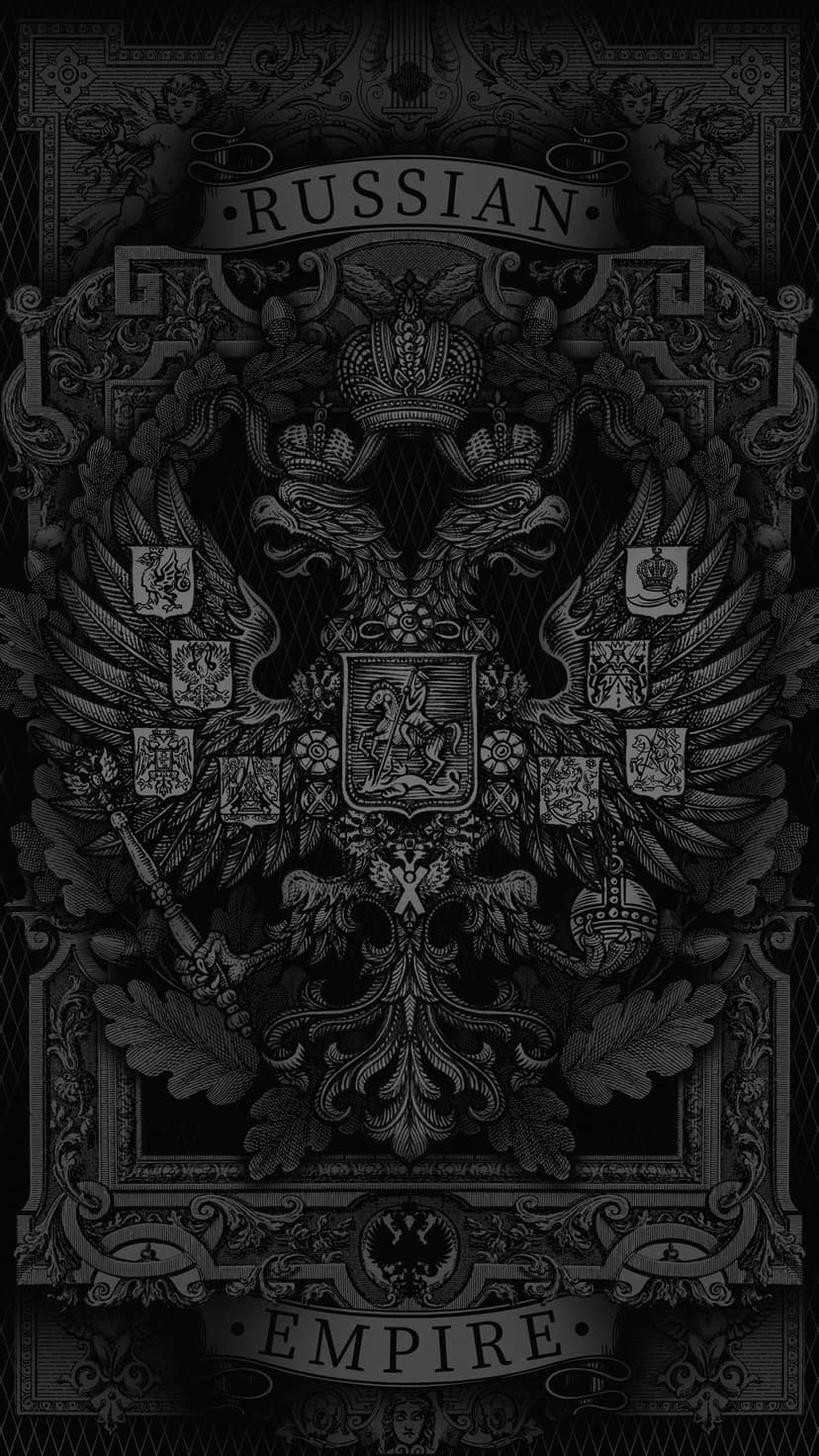 Golden double-headed eagle crest with crowns and heraldic shields on a dark, textured vintage background.