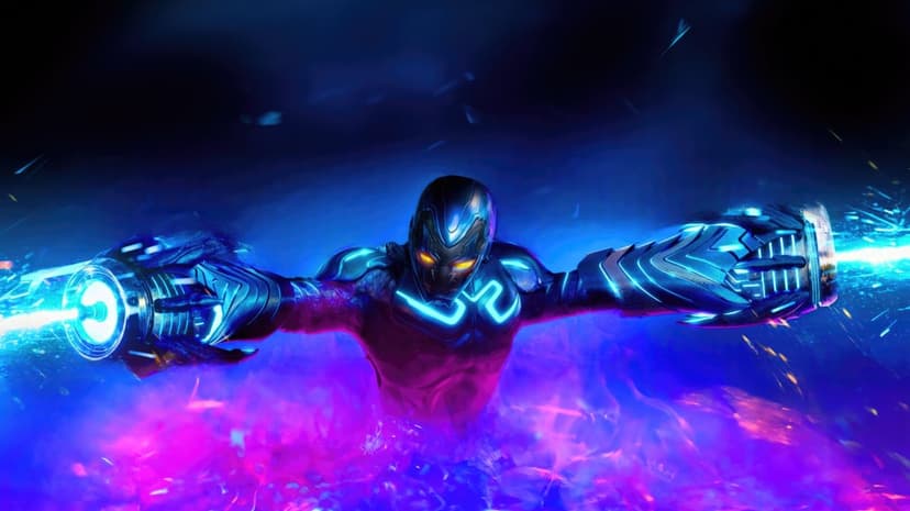 Blue Beetle character in glowing mechanical armor emits cyan energy blasts against a dark cinematic background.