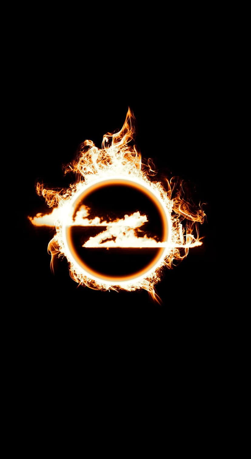 Flaming orange solar ring encircling a glowing abstract sigil against a black backdrop with wispy smoke trails.