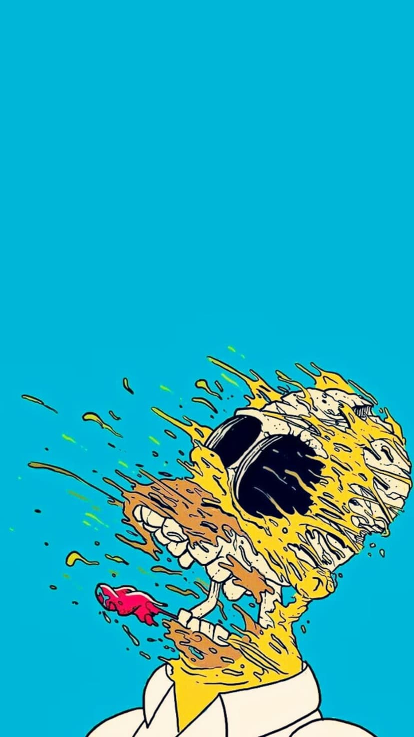 Homer Simpson skull melts with a red lollipop and protruding tongue against a solid bright blue background.
