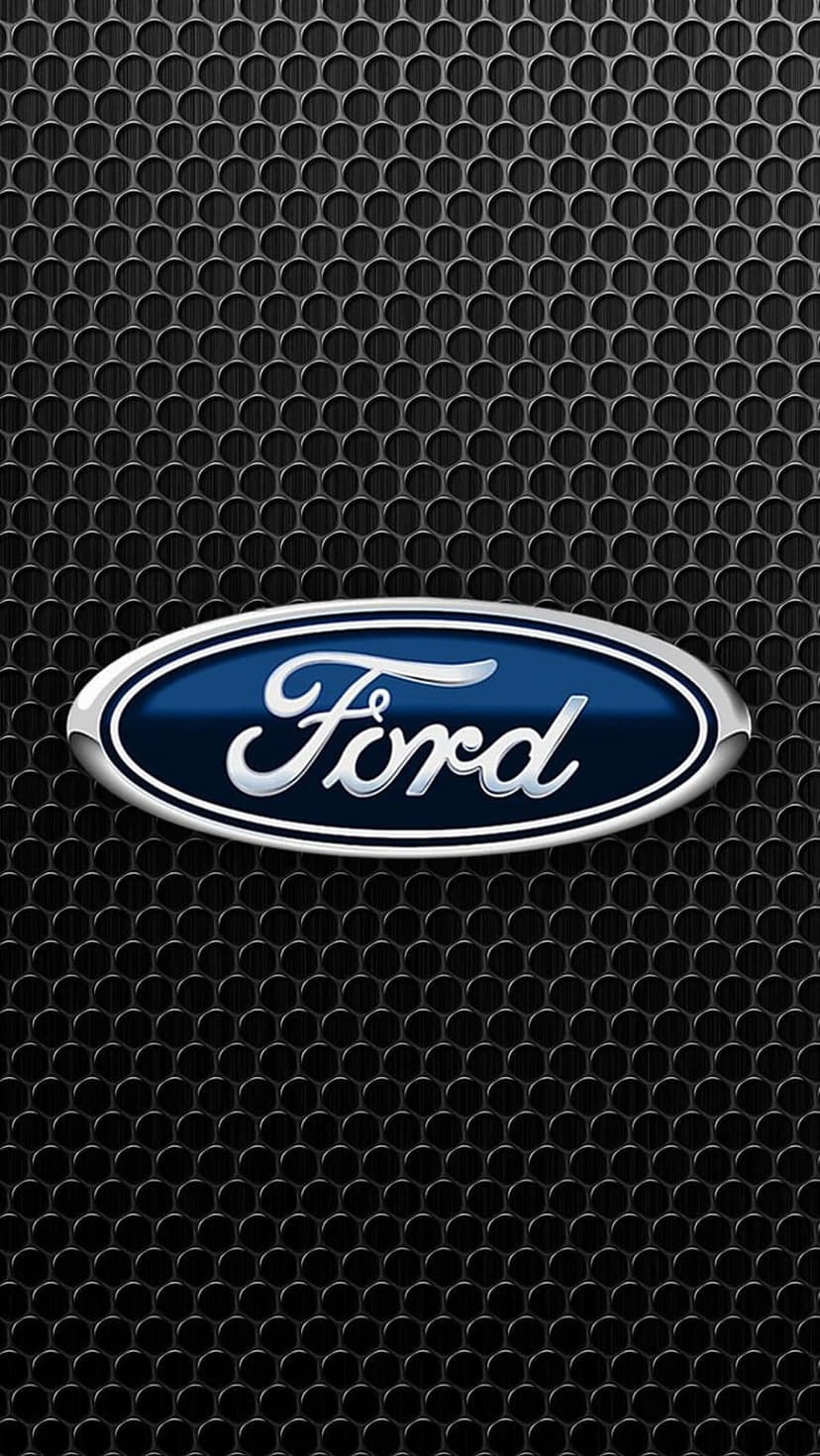 Ford blue oval logo and chrome script centered over a dark black hexagonal honeycomb metal mesh pattern.