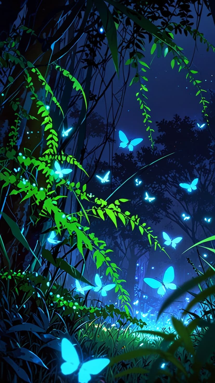 Glowing blue butterflies hover near luminous plants and mossy vines in a dark, mysterious fantasy forest at night.