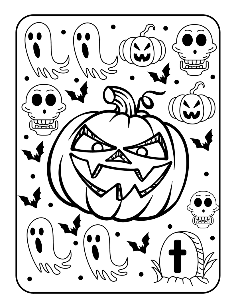 Halloween pumpkin coloring page featuring a jack-o-lantern surrounded by ghosts, bats, and skulls in line art.