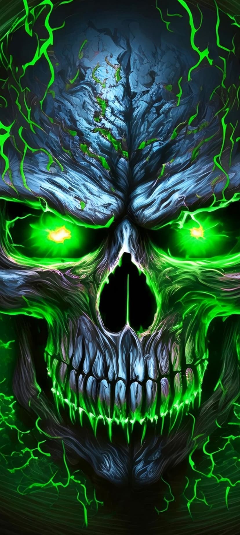 Skeletal skull engulfed in bright green flames with glowing eye sockets and teeth against a dark background.