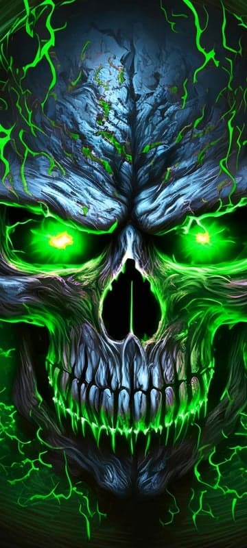 Scary Green Fiery Skull with Dark Background