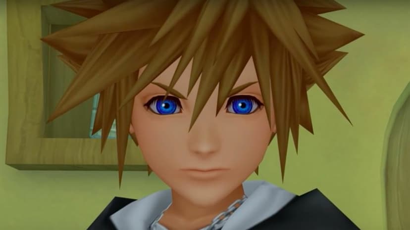 Close-up of Sora from Kingdom Hearts with spiky brown hair, bright blue eyes, and a determined look.