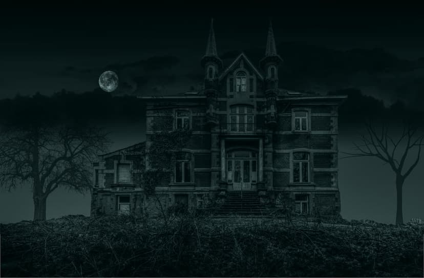 Crumbling gothic mansion silhouetted against a bright full moon with twisted bare trees and a misty night sky.