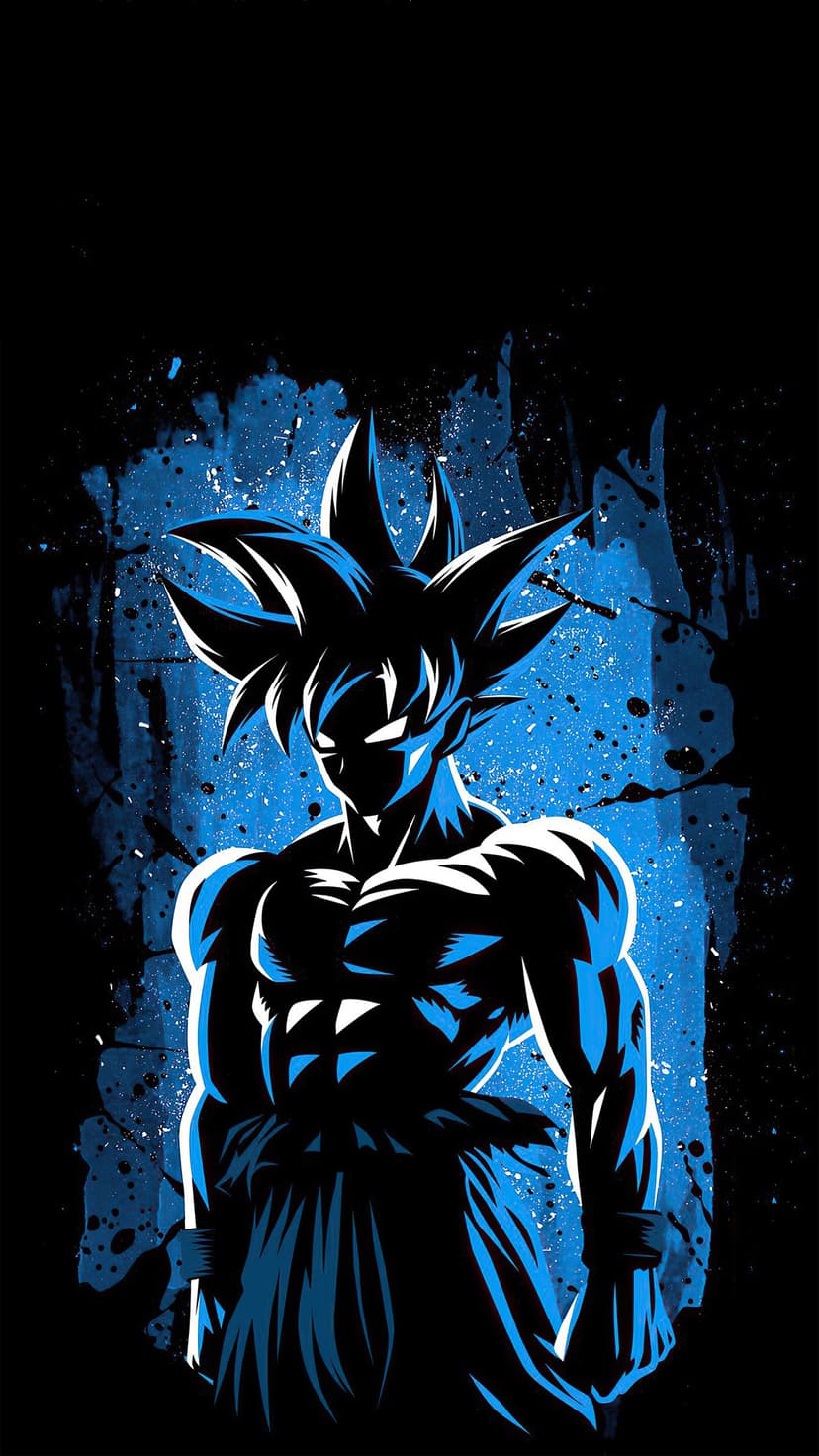 Goku in Ultra Instinct form stands as a dark silhouette with glowing blue energy splatters on a black background.