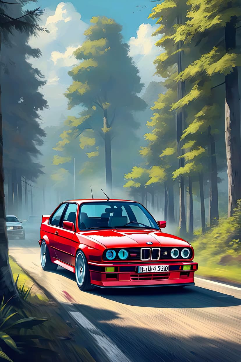 Red BMW E30 coupe driving on a paved road surrounded by tall green trees under soft dappled sunlight.