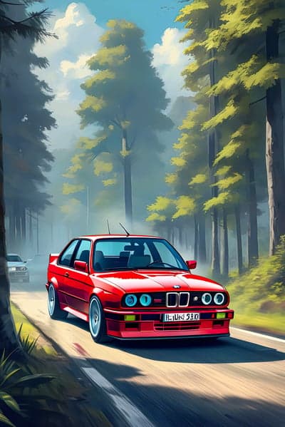 Red BMW E30 drives on a scenic forest road