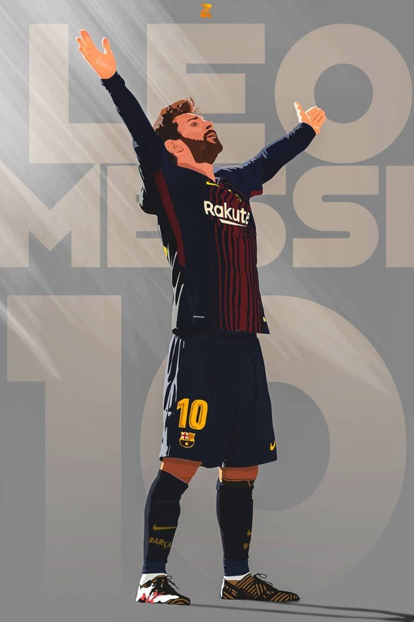 Lionel Messi raises both arms toward the sky wearing a number ten jersey with soft light rays in a muted background.