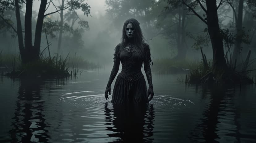 Pale woman in a tattered dress emerges from a misty swamp surrounded by tall reeds and gnarled trees.