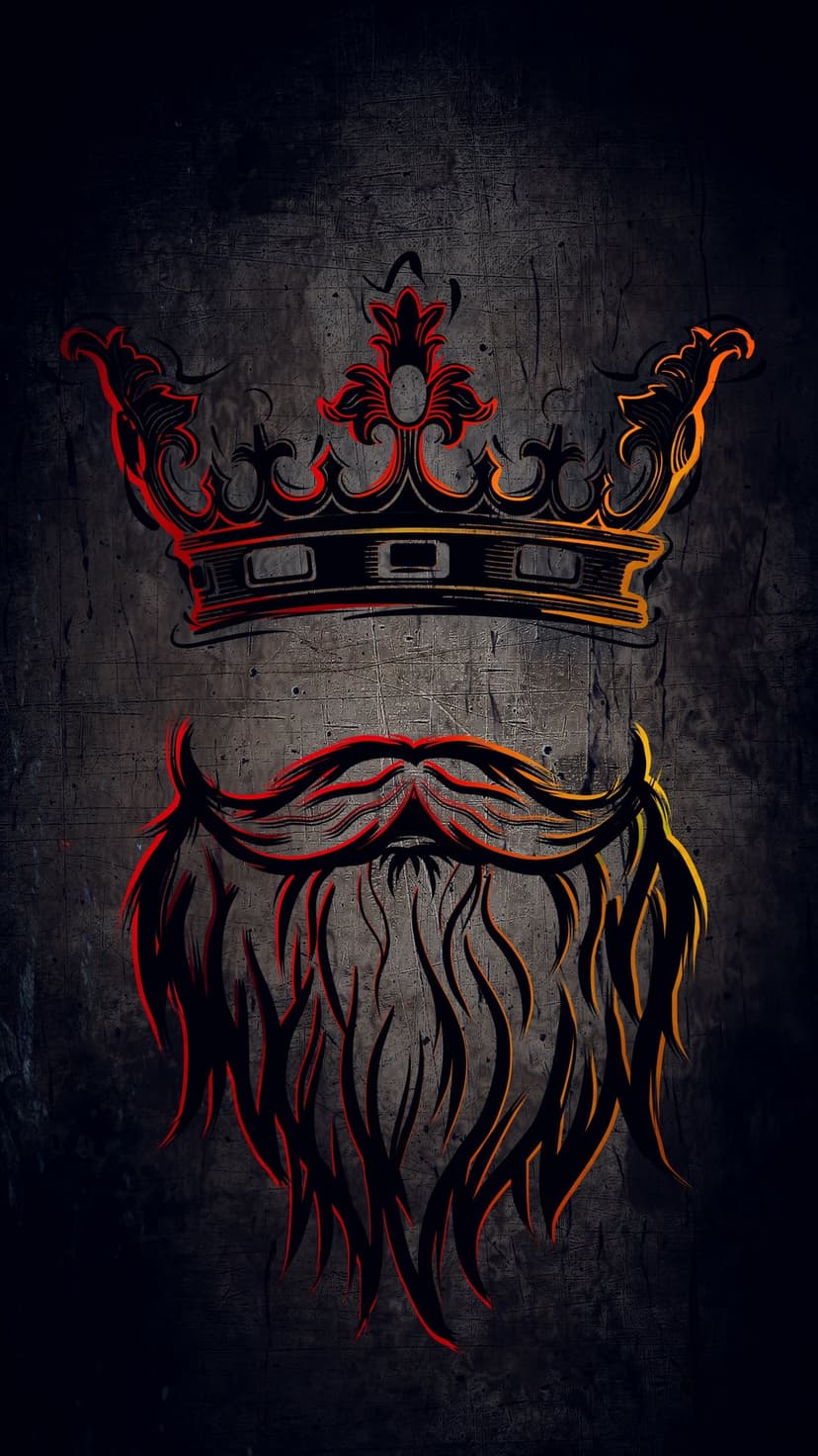 Golden royal crown with red glowing jewels hovering over a stylized orange beard on a dark textured background.