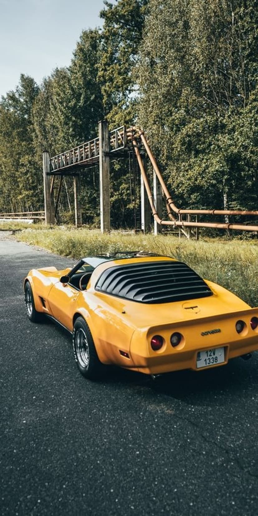 Yellow Corvette C3 with louvered rear window parked on asphalt against a rustic metal building and green trees.