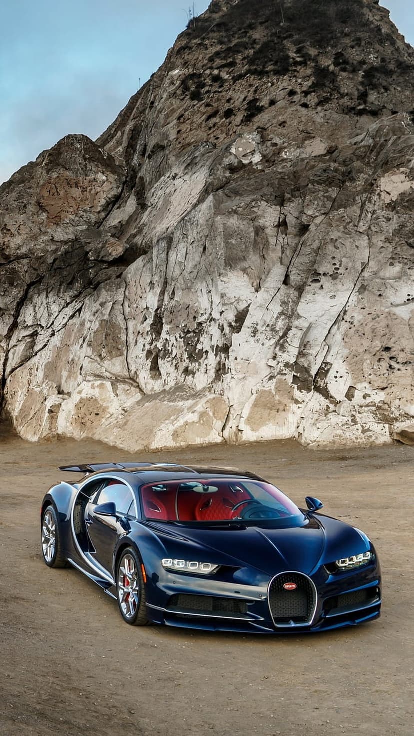 Bugatti Chiron with a red interior parked on a dirt path beside a towering, textured desert rock cliff face.
