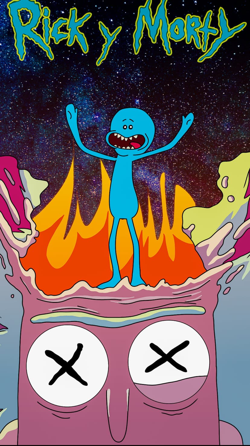 Mr. Meeseeks disintegrating into cosmic fire and portal sparks within a deep purple and black galaxy scene.