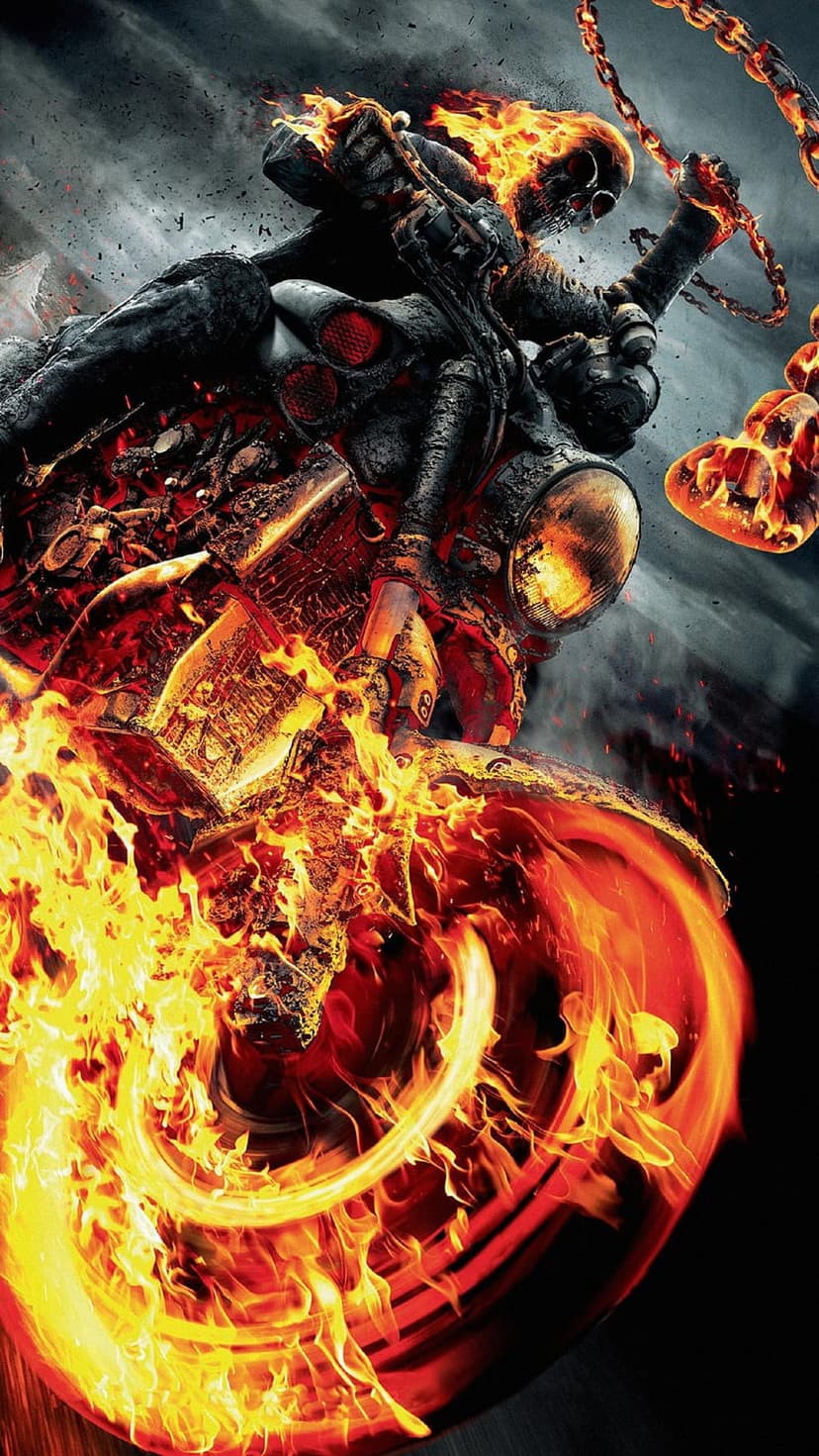 Flaming skeleton on a demonic motorcycle swinging a glowing chain amidst intense orange fire and smoke.