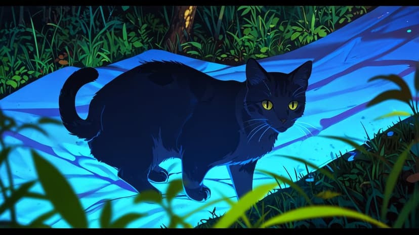 Black cat with glowing yellow eyes stands among dark green leaves illuminated by a soft cyan and blue light glow.