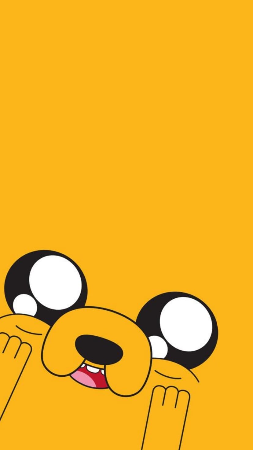 Jake the Dog features large circular white eyes and a cheerful smile against a solid vibrant orange background.