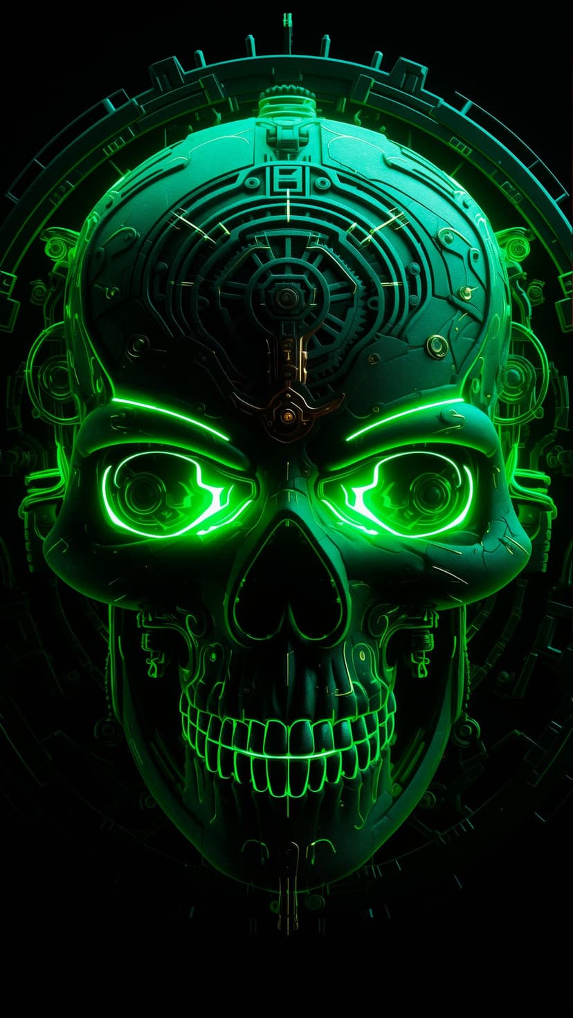 Biomechanical skull with glowing green eyes and intricate silver circuitry visible against a pitch-black backdrop.