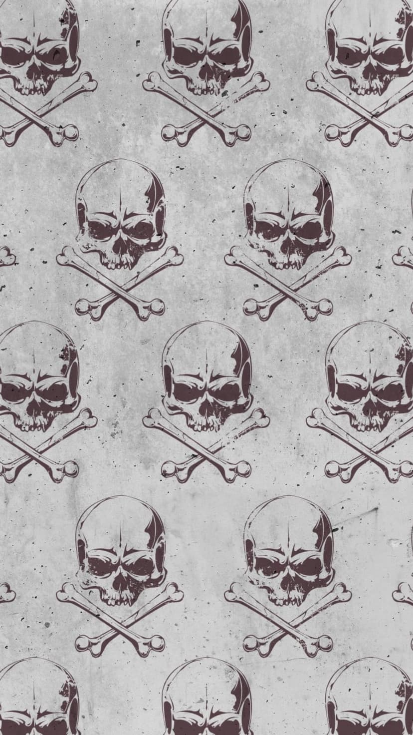 Ivory skull and crossbones symbols repeat on a dark gray distressed background with a weathered stone texture.