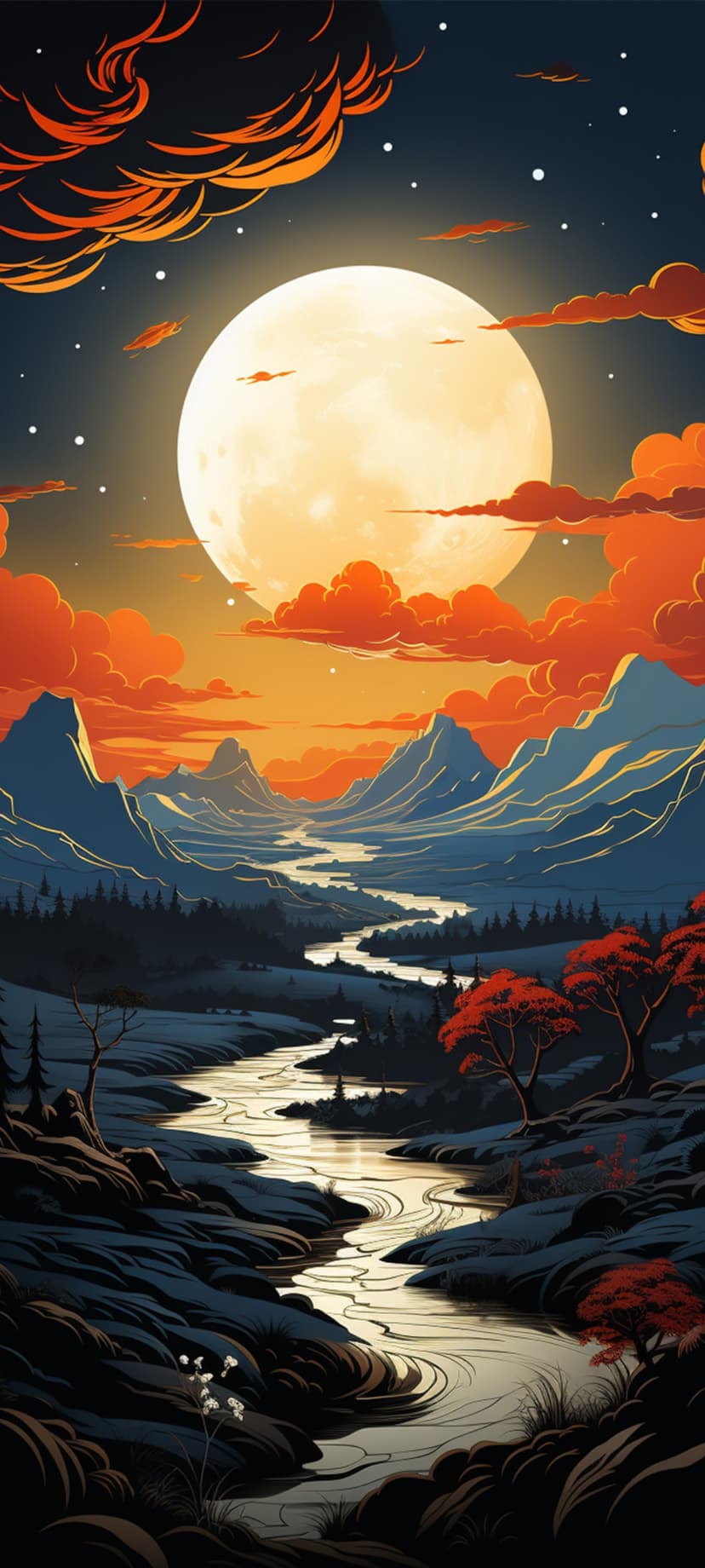 Giant glowing moon overlooking a winding river through a valley with orange clouds and red autumn trees at night.