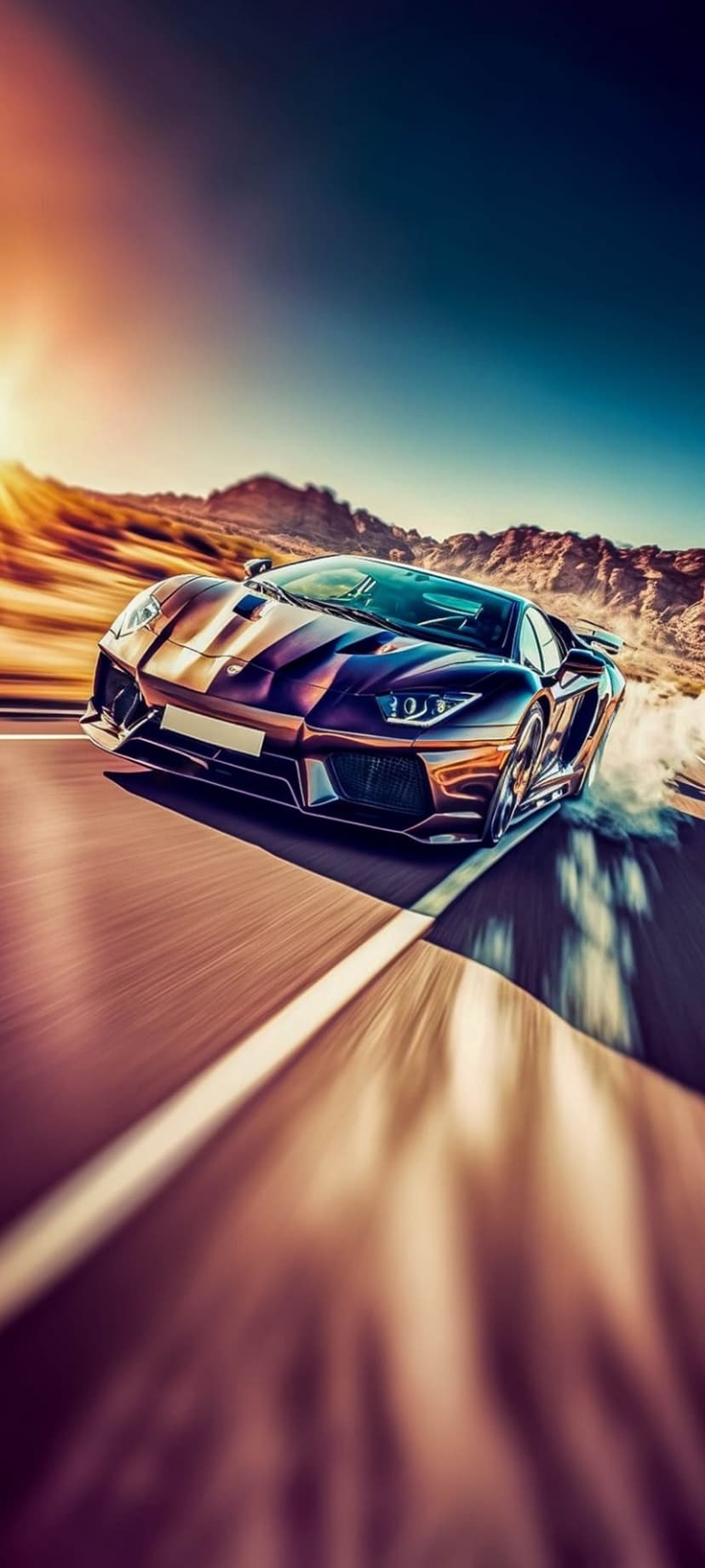 Sleek sports car speeds on a desert highway during a vibrant sunset with dust trailing behind the vehicle.
