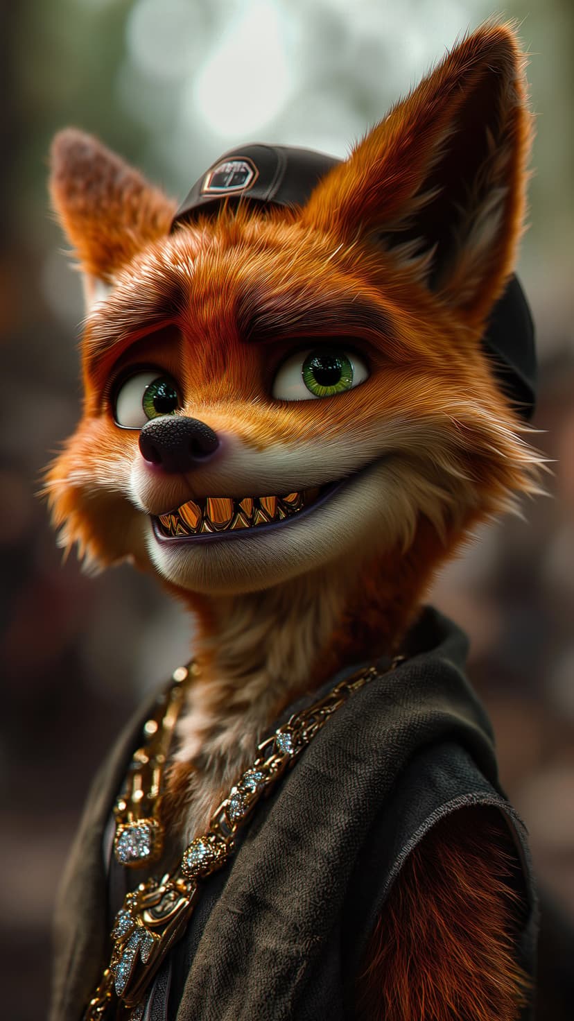 Fox character with gold teeth and a diamond necklace wearing a black baseball cap against a blurred forest.