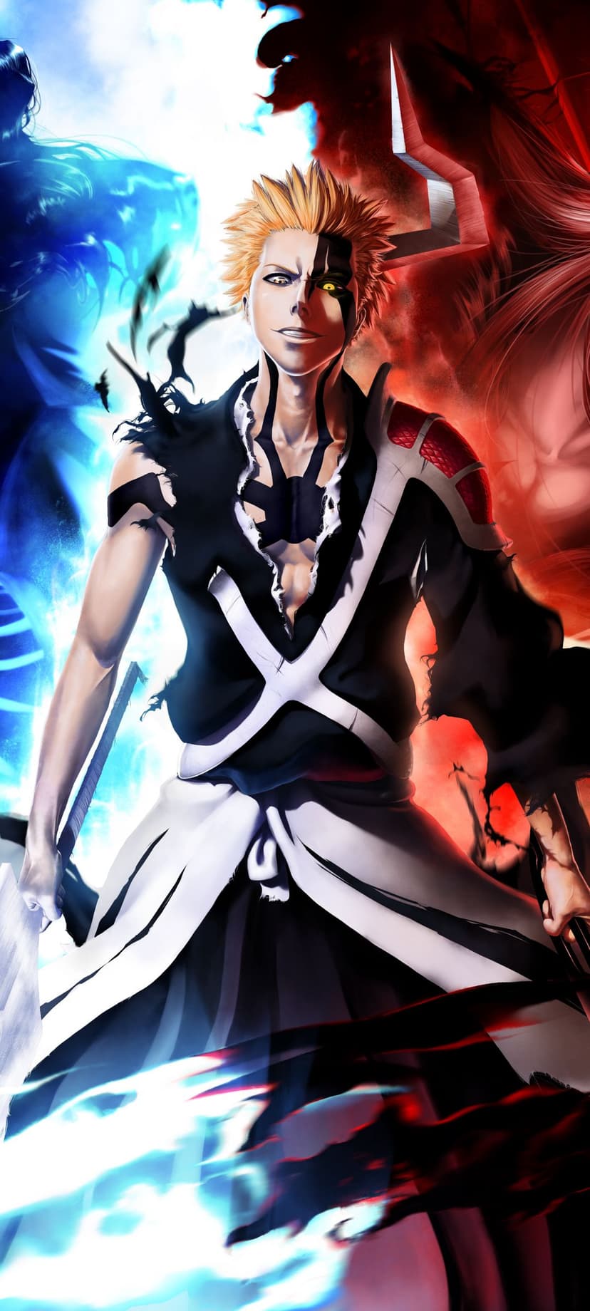 Ichigo Kurosaki shows blue soul reaper energy and red hollow energy split across his face and body.