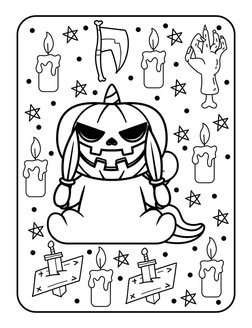 Halloween pumpkin coloring page featuring a carved Jack-o'-lantern, candles, and a scythe in detailed line art.