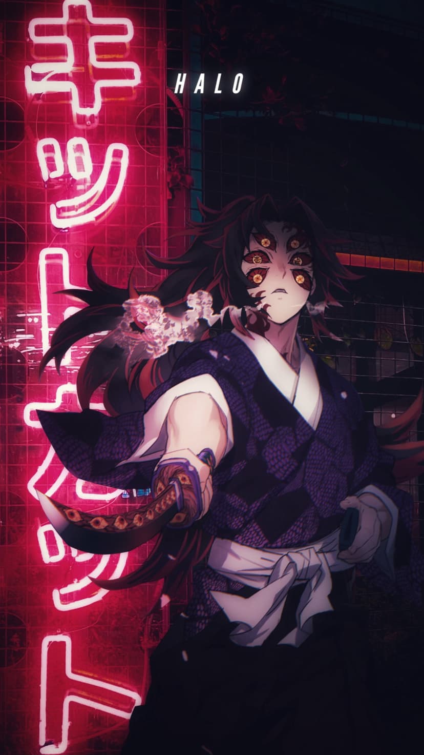 Six-eyed samurai with a katana standing in a dark alley illuminated by pink neon signs and glowing city lights.