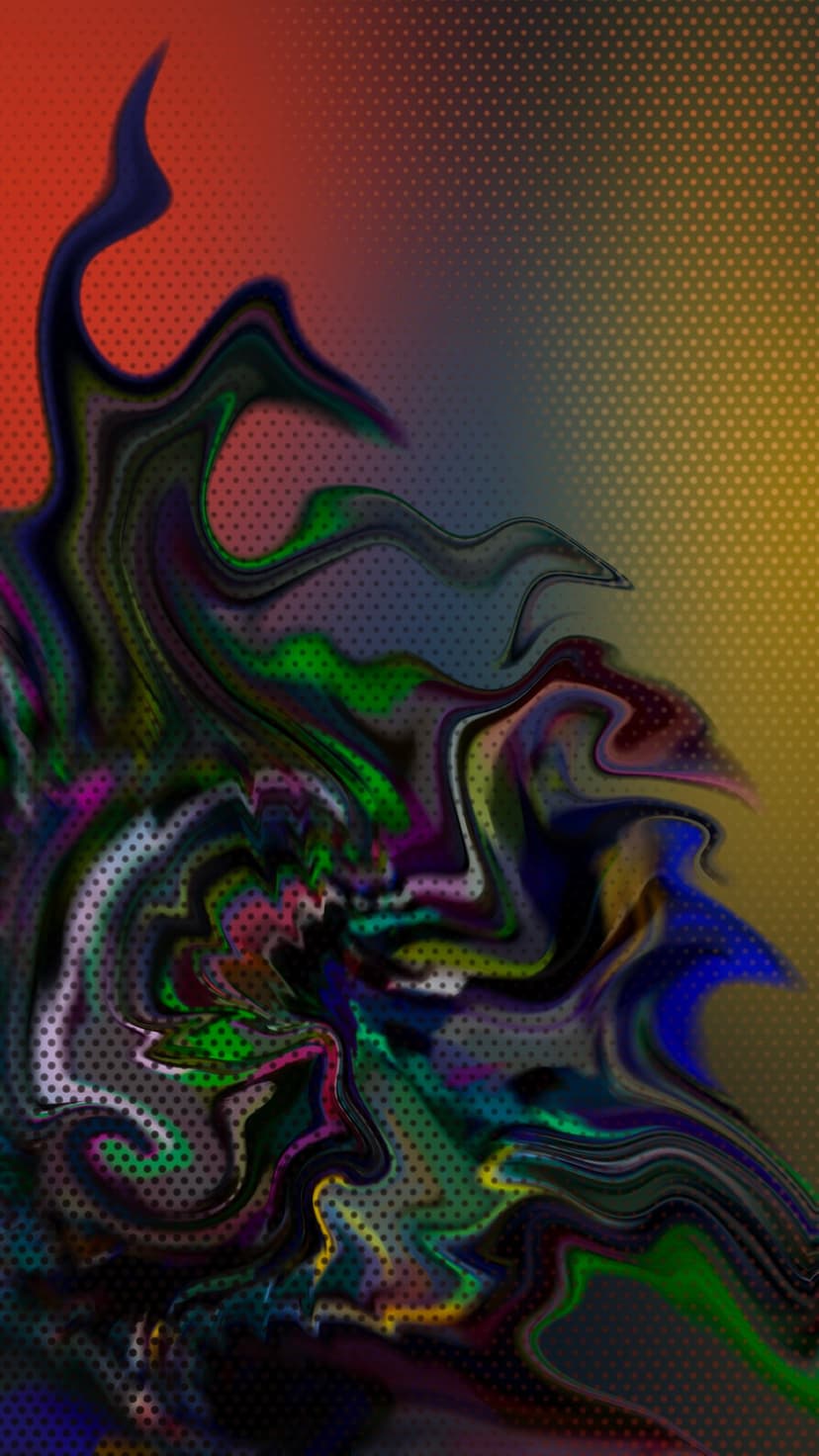 Neon magenta and lime green fluid shapes with a grainy stippled overlay on a dark multicolored background.