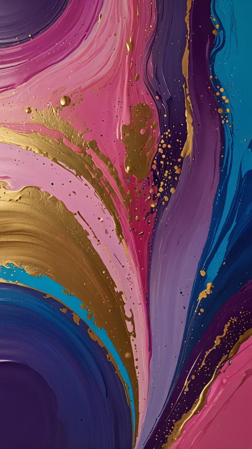 Swirling pink, blue, and purple liquid pigments intertwine with shimmering gold metallic splatters and veins.