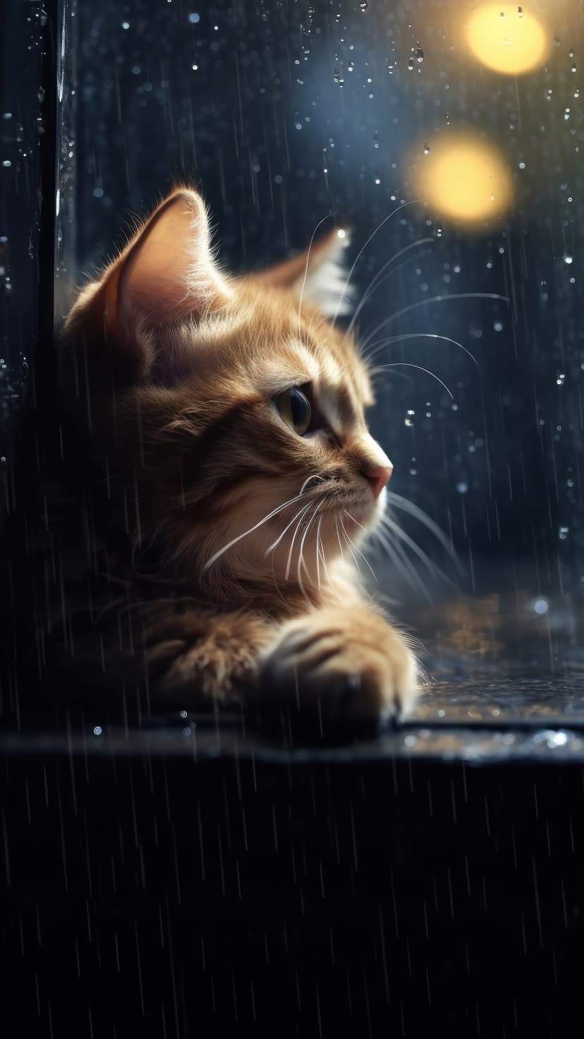 Ginger kitten with sharp whiskers watches rain droplets on a window pane with glowing yellow bokeh lights.