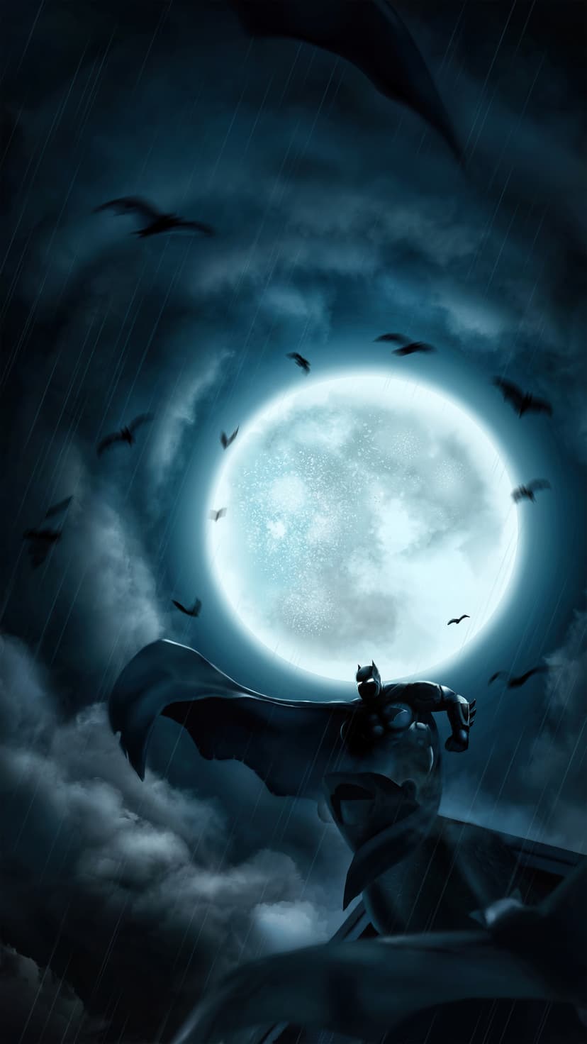 Batman perches on a gothic gargoyle while bats fly around a large full moon during a heavy city rainstorm.