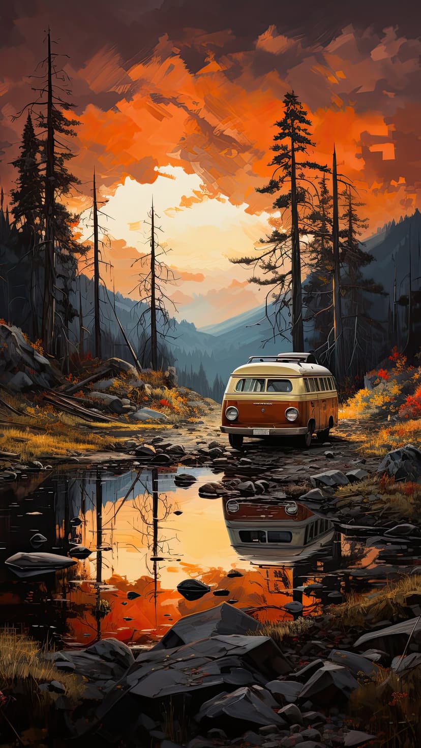 Retro camper van parked by a rocky stream under an orange sunset sky with pine tree silhouettes and reflections.