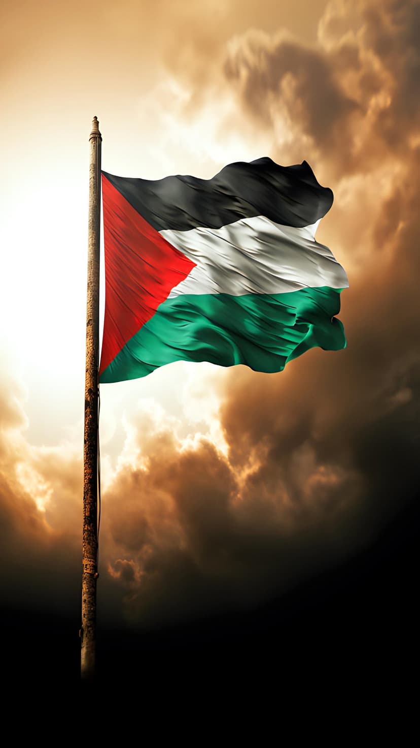 Palestinian flag ripples on a rustic pole against a stormy sky and golden sunset light at the horizon line.