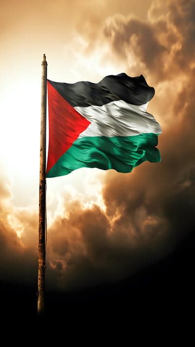 Palestinian flag waving against stormy sky at sunset