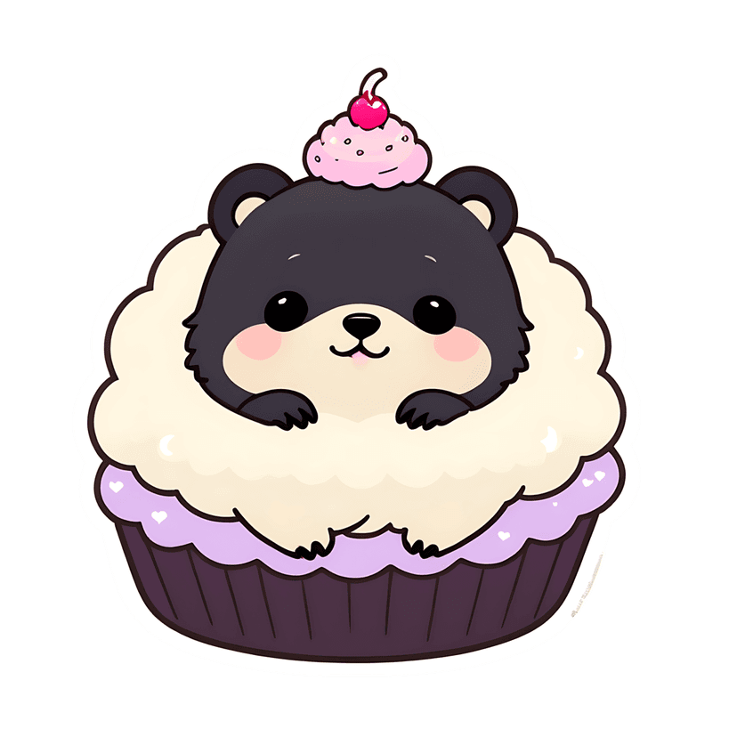 Black bear cupcake sticker featuring a dark fur cub inside a purple heart wrapper with pink whipped frosting.