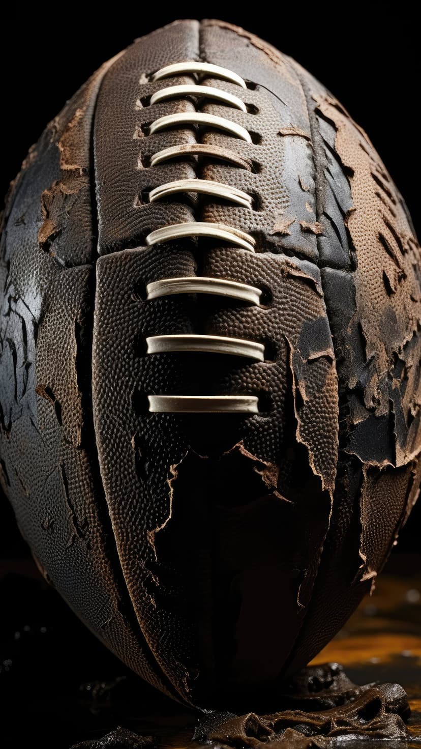 Weathered American football with frayed leather and white laces against a dark background in vertical orientation.