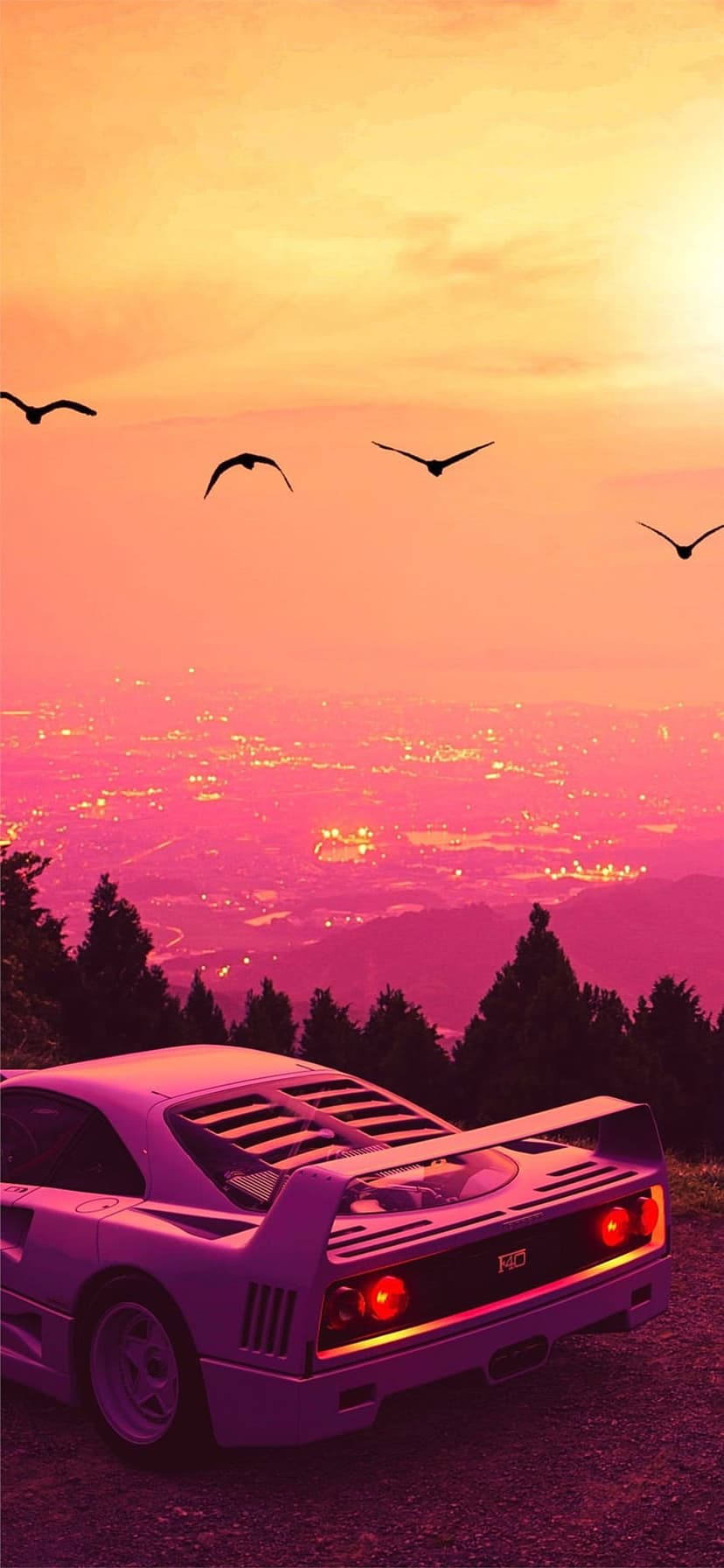 Purple vintage sports car parked on a cliff edge overlooking a glowing city skyline under a sunset sky with birds.