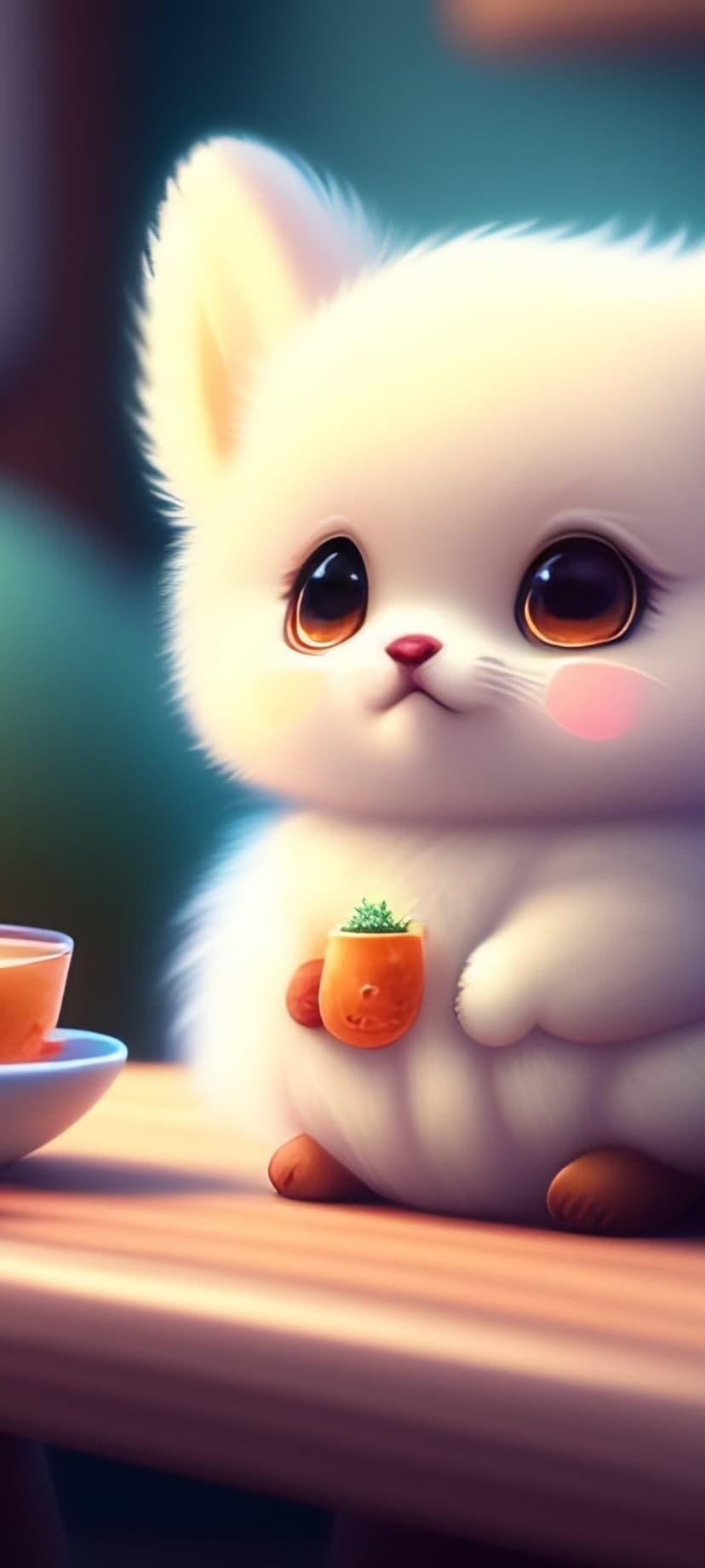 White fluffy bunny with large eyes holding a carrot-shaped cup filled with sprouts while sitting at a table.