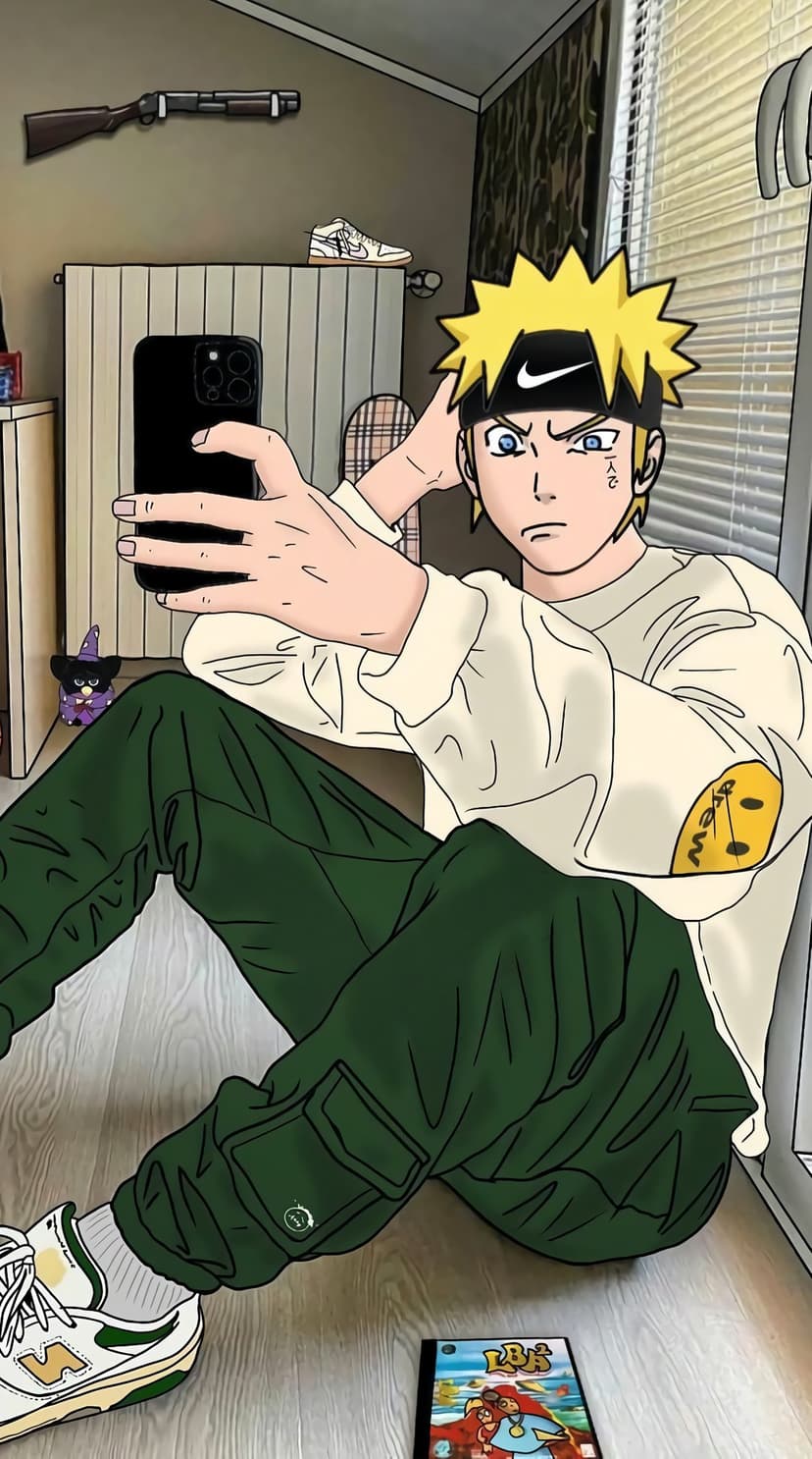 Naruto Uzumaki wears a white sweatshirt and green pants while holding an iPhone for a selfie in a home interior.