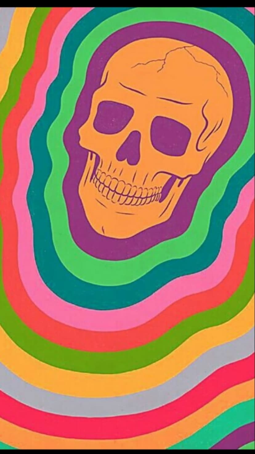 Orange skull centered amidst flowing concentric rainbow waves and wavy neon lines in a vibrant trippy pattern.